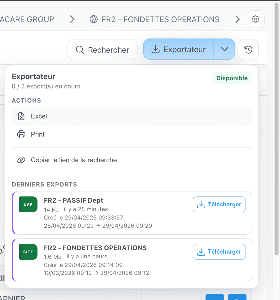Nouvelle interface du menu export Cockpit avec historique
