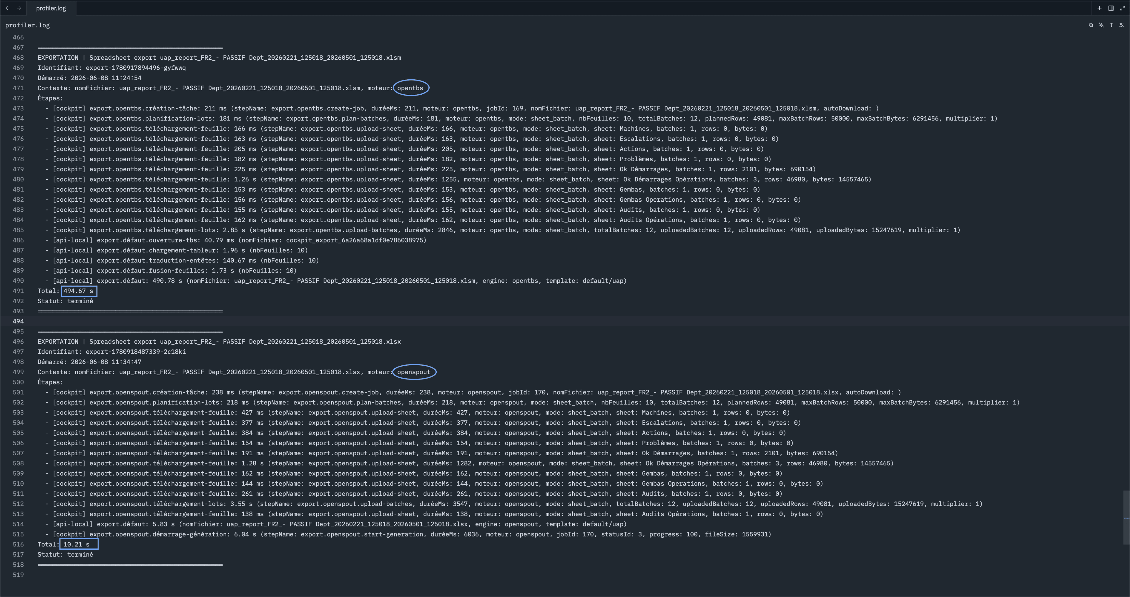 Capture du profiler Cockpit avec le moteur et le temps total entourés